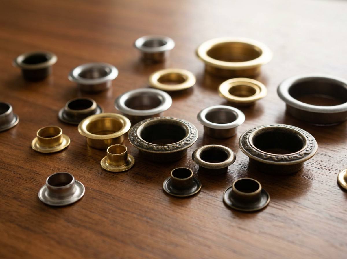 boots eyelets, The image shows multiple boots eyelets in different sizes and metal finishes arranged on a wooden surface.